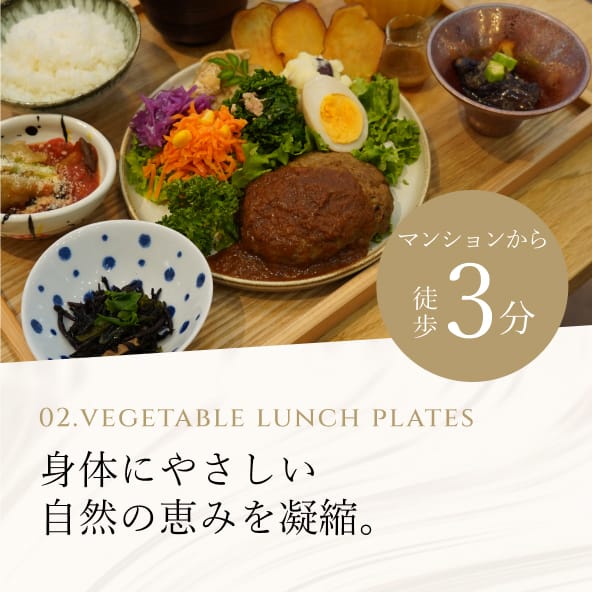 02. Vegetable Lunch Plates 身体にやさしい自然の恵みを凝縮。マンションから徒歩3分