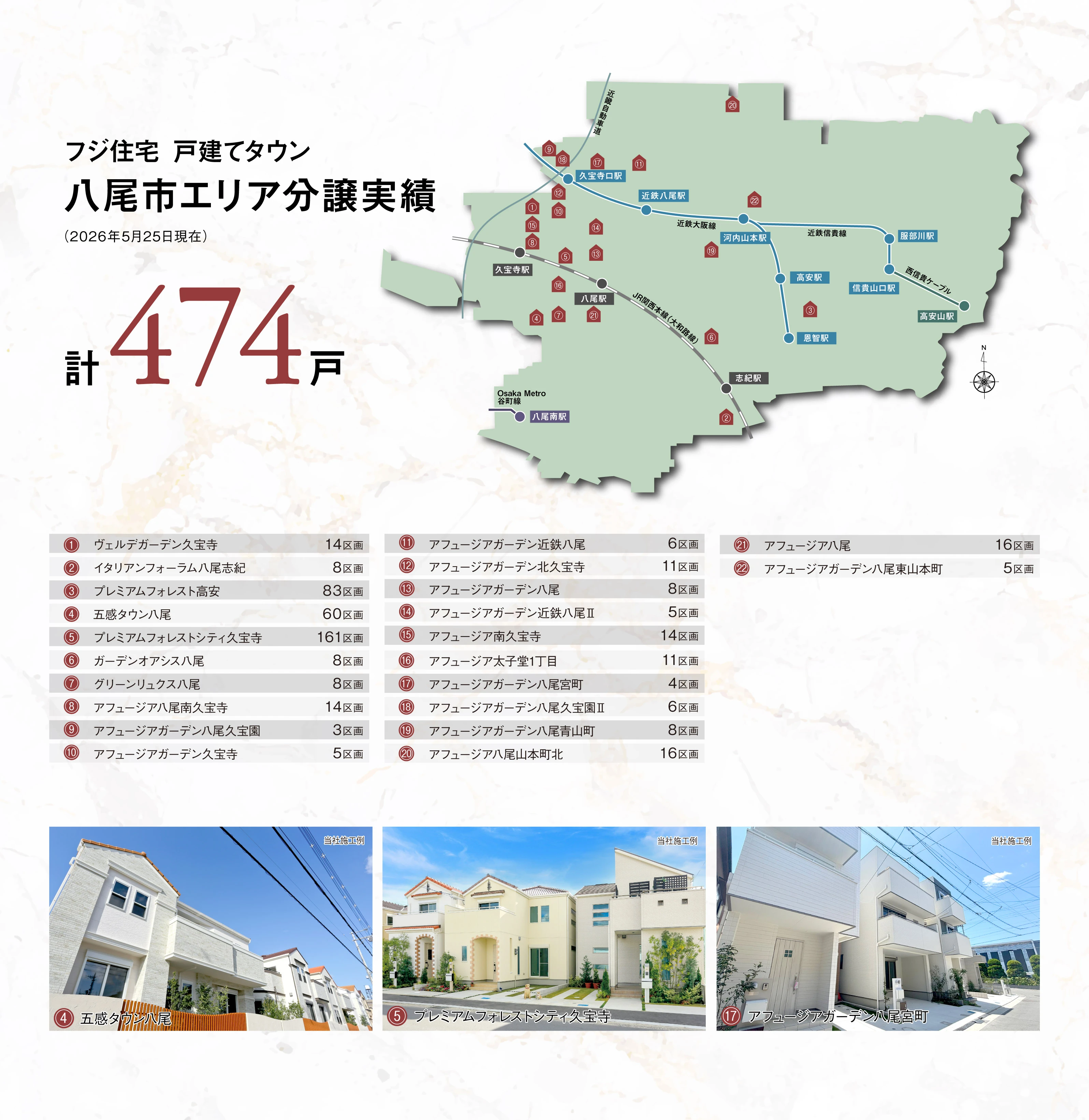 フジ住宅　阪神間／大阪北／八尾市内エリア　戸建て分譲実績MAP