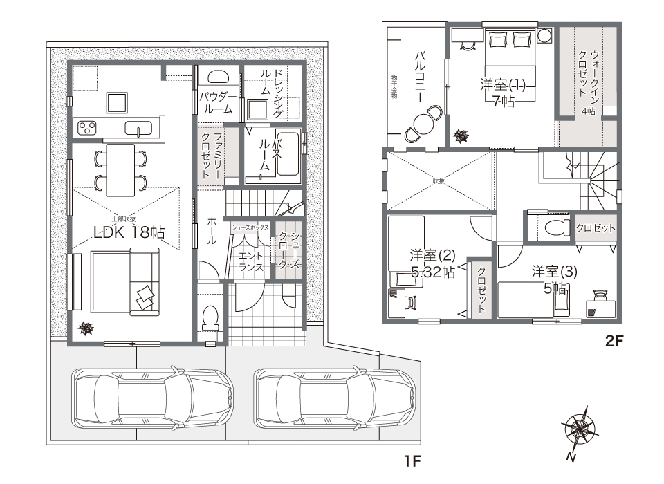 キッチンから水回りへ、スムーズにつながる。
家事ラク・充実収納の家