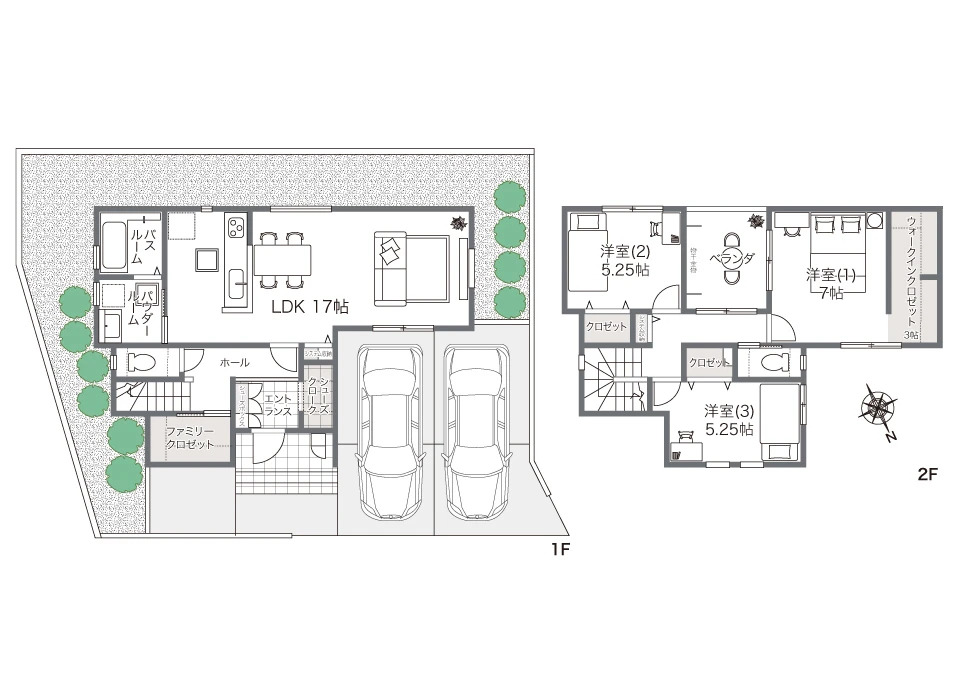 キッチンから水回りへ、スムーズにつながる。
家事ラク・充実収納の家